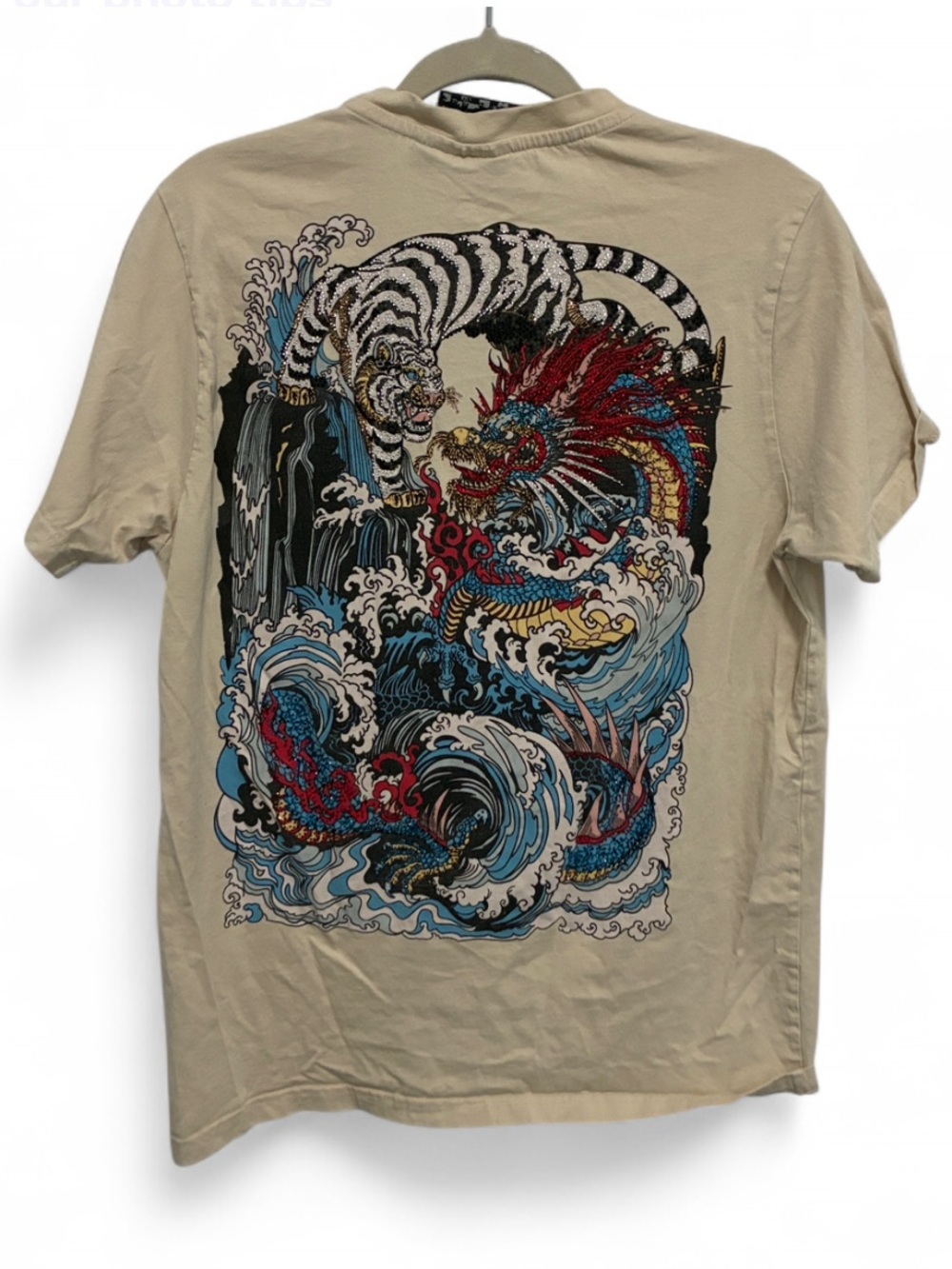 Rebel Vengeance Beige Graphic Back-Print Tee with Rhinestone Dragon & Tiger
